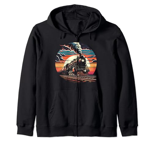 Vintage Steam Engine Train Locomotive Cool Sunset Railroad Zip Hoodie