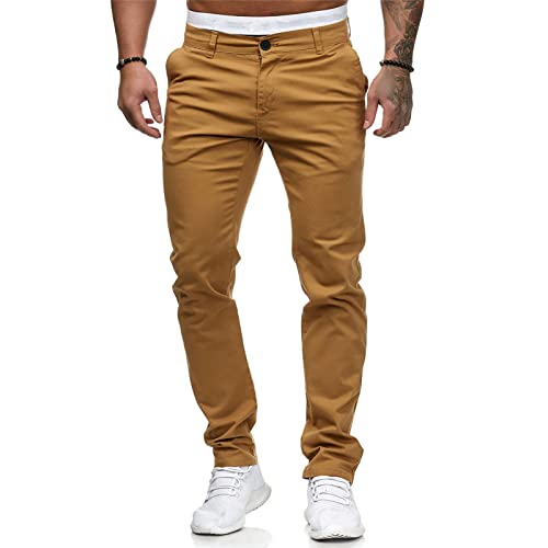 Men's Fashion Casual Mid Waist Slim Pant Solid Pocket Full Length Trousers Casual Slip3
