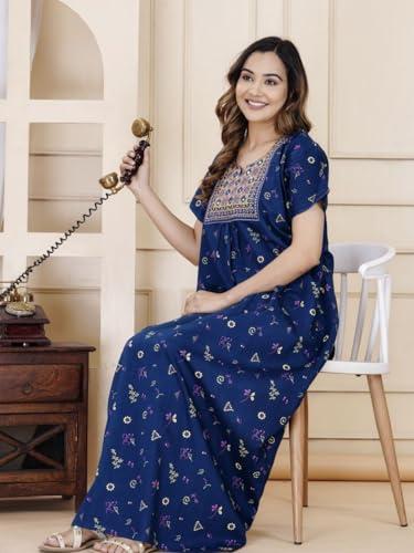 Image of DIAMO Pure Cotton Embroidery Nighty for Women, Cotton Night Gown, Night Maxi Gown, Cotton Nighty with a Pocket and Adjustable Knot