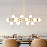Mid Century Modern Sputnik Chandelier: 16-Light Globe Chandeliers Over Table - White Glass Linear Chandelier Dining Room Light Fixture - Gold Brass Modern Chandeliers for Living Room Kitchen Island