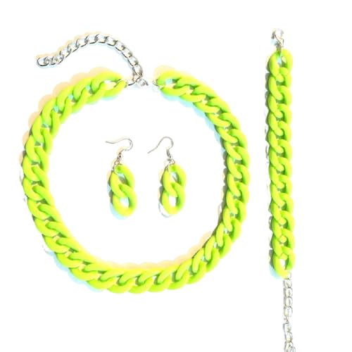 3Pcs Colorful Acrylic Chunky Necklace Bracelet Earrings Set Exaggerate Resin Cuban Link Chain Collar Necklace Geometric Statement Necklace for Women 70S 80S Costume Party Jewelry (Z Fluorescent-fruit green)