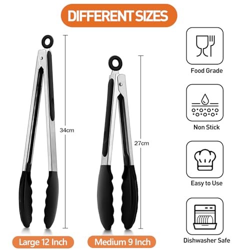 Onader Kitchen Tongs Set of 2, Silicone Food Tongs with Stainless Steel Handle, Great for Cooking Serving Barbecue, Silicone Tips & Locking Clip, Heat Proof & Dishwasher Safe, 9 & 12 Inch - Black - Image 2