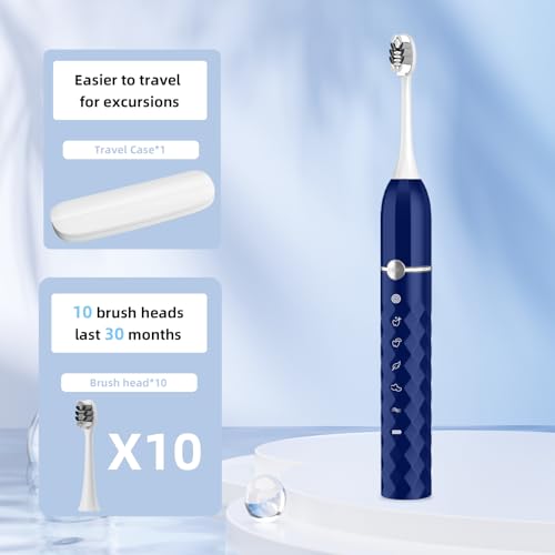 Image of Sonic Electric Toothbrush Set, Equipped with 10 Brush Heads and Travel case, IPX8 Waterproof, 2-Minute Timer, 42000 High-Frequency Vibrations, 5 Modes, The First Choice for Gift Giving, Dark Blue