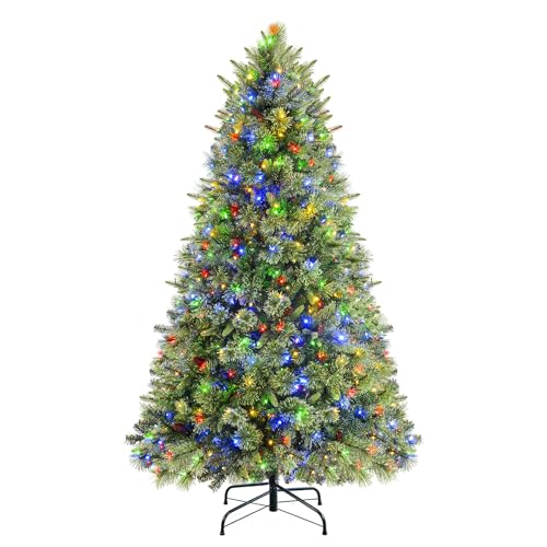 SHareconn 6ft Prelit Premium Artificial Hinged Christmas Pine Tree with 340 Warm White & Multi-Color Lights, 8 Light Modes, 1398 Branch Tips and Foldable Metal Stand, Easy to Assemble