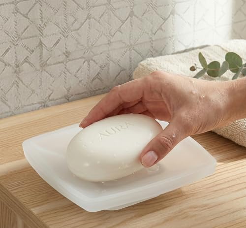 Image of Premium Frosted Glass Soap Dish for Bathroom and Kitchen | Elegant Square Soap Holder Tray for Shower, Sink, Countertop, and Washbasin | Minimalist Matte Glass Soap Case Saver, Clear-White