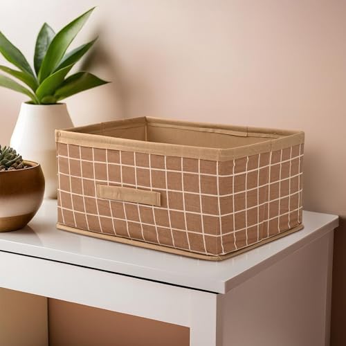 Image of Kuber Industries Foldable Multi-purpose Cloth Organizer for Storage with Drawing Handle | Durable Organisers Storage Box for Clothes /Toys | Check Design - Beige
