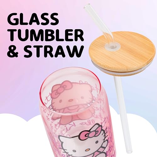 Silver Buffalo Sanrio Hello Kitty Waving Pink Glass Jar Tumbler with Bamboo Lid and Glass Straw, 16 Ounces | Sanrio, Waving, Jar, Tumbler, Bamboo Lid, Glass Straw
