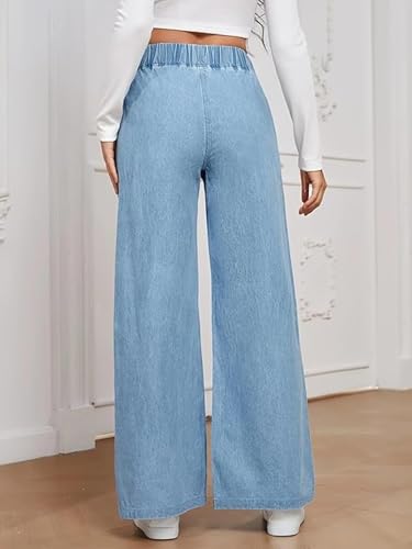Image of ADBUCKS Women's Stretch Denim Wide Leg Jeans Comfort Fit with Elastic Waistband, Straight Cut, Casual Style for All Seasons, Versatile Clothing
