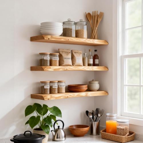Koryndel 24 Inch Wooden Floating Shelves for Wall Set of 2, Finnish Spruce Solid Wood Shelf, Natural Wood Floating Shelves for Living Room, Bathroom, Bedroom, Kitchen, Natural Finish - image 7