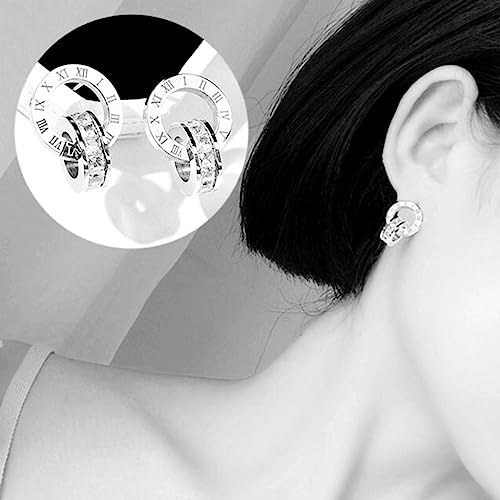 Stainless Steel Roman Numbers Interlocking Circles Cubic Zircon Filled Hoop Cuff Earrings3