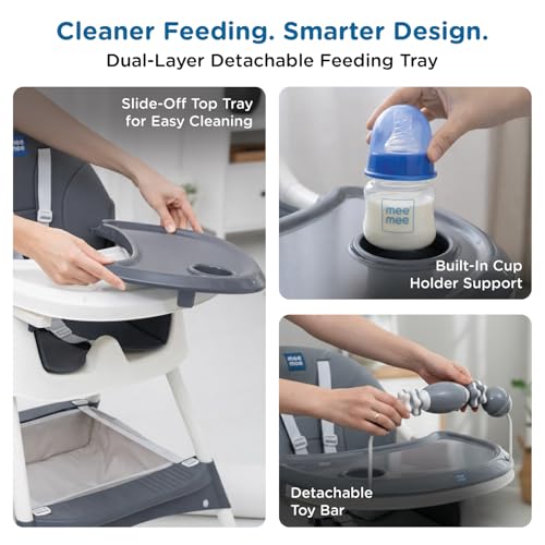 Image of Mee Mee Cherub Baby High Chair for Baby Feeding, 5-in-1 Convertible Kids Feeding Chair Compact Fold, High Adjustable, Play Chair Booster Seat Dual Meal Trays, 0.5 to 3 Years Kids (Grey)