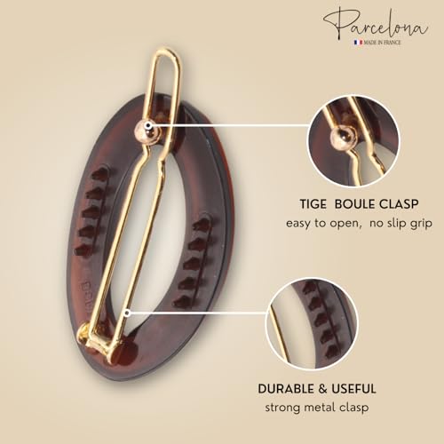 Parcelona French Eggie Oval Shell Black Mini Celluloid Acetate Side Slide Barrette Snap On Hair Clips thumb #3