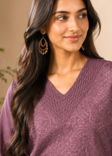 Image of Women's Cotton V Neck 3 /4 Sleeves Embroidered Tunic Short Kurta for Casual Wear Combo