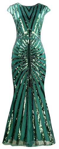 Image of Women Evening Maxi Long Dress 1920s Sequin Mermaid Hem Wedding Prom Gown Costume w / 20s Gatsby Accessories Set