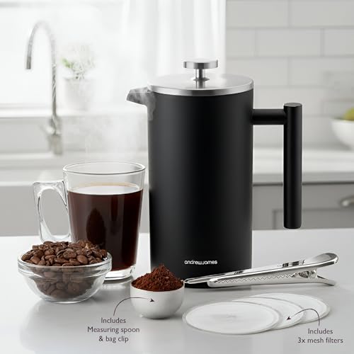 Image of andrew james Double Walled Stainless Steel Cafetiere Gift Set With 3 Mesh Filters, Coffee Measuring Spoon And Bag Sealing Clip, Delicious French Press Coffee, Easy to Clean (Matt Black, 350ml)