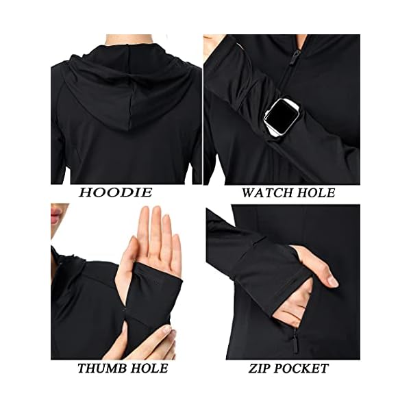 COOrun Workout Jacket Women Full Zip Hoodie Sportswear Athletic Running Track Jacket With Watch Thumb Hole Black-M