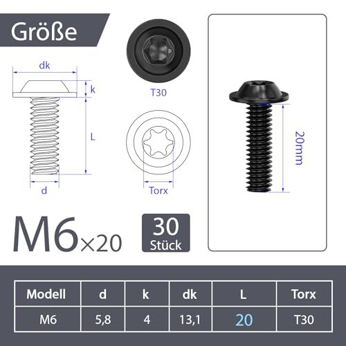 ORTAVA Pack of 30 M6 x 20 Screws, Pan Head, Torx, Flange, Flat Head with Washer, Stainless Steel A2 V2A Full Thread - Image 2