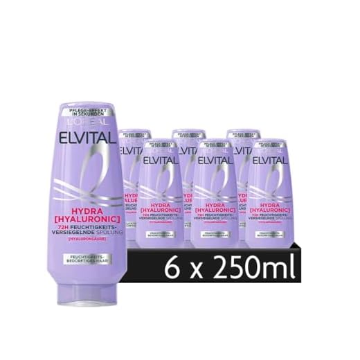 L'Oréal Paris Elvital feuchtigkeitsspendende Spülung für glänzendes Haar, Conditioner mit Hyaluron, Hydra Hyaluronic, 6 x 250 ml
