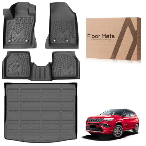 Image of Floor Mats & Cargo Liner Custom for 2017-2026 Jeep Compass New Body Style 2nd Generation, Floor Liners TPE Automotive All Weather Cover Protection Waterproof Black Front & Rear Row Full Set Car Mats