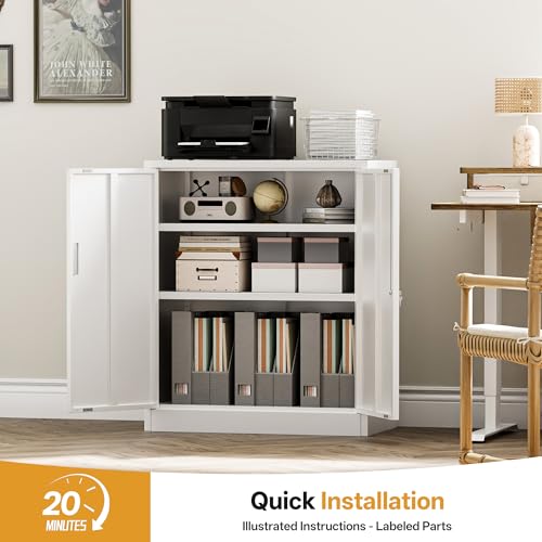 Image of Metal Garage Storage Cabinets,36 inch Steel File Cabinet with 2 Adjustable Shelves, Lockable Storage Cabinets for Office, Home, Garage, Warehouse 36 inch H x 32 inch W x 16 inch D (White)