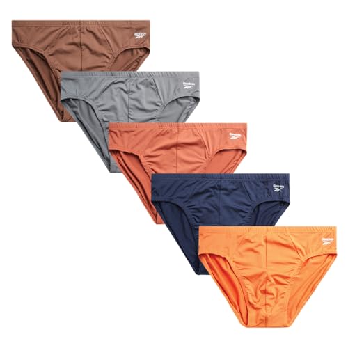 Reebok Mens Low Rise Briefs - 5 Pack Athletic Performance Mens Underwear Briefs with Contour Support Pouch for Gym Daily Wear, Size Medium, Blue/Orange/Grey