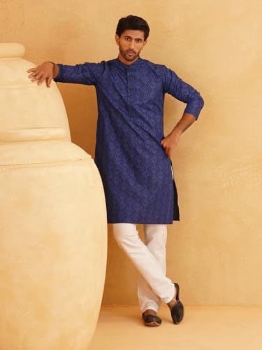 Image of SOJANYA (Since 1958 Men's Cotton Blend Navy Blue & Black Printed Kurta & White Churidar Pyjama Set