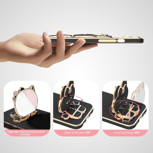 Image of 3D Cartoon Back Case Cover with Cosmetic Mirror for Oppo Reno 15 5G, Mobile Stand (B-Black)
