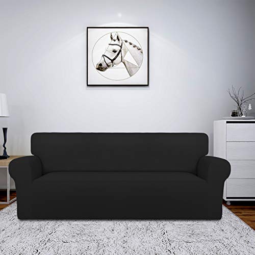 Image of Easy-Going Fleece Stretch Sofa Slipcover Spandex Non-Slip Soft Couch Sofa Cover, Washable Furniture Protector with Anti-Skid Foam and Elastic Bottom for Kids, Pets(Sofa, Black)