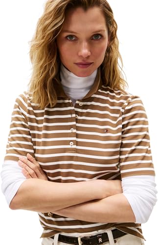 Tommy Hilfiger Damen Poloshirt Kurzarm 1985 Pique Regular Fit, Braun (Hunter Brown/Ecru STP), XXS – Ansicht 3