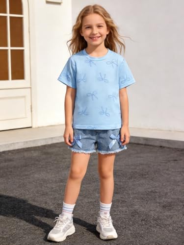 Image of Azmxynol Kid Girls Clothes Outfits Bowknot T-Shirt + 2 In 1 Denim Short Skort Summer Clothing Set, Size 4-10 Years