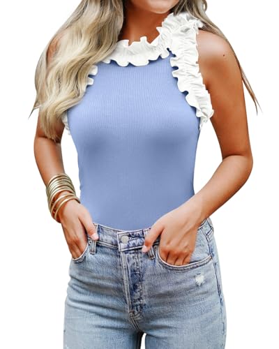 Image of WAYMAKER Women's Sleeveless Racer Back Ruffle Mock Turtle Neck Ribbed Bodysuit Tank Tops