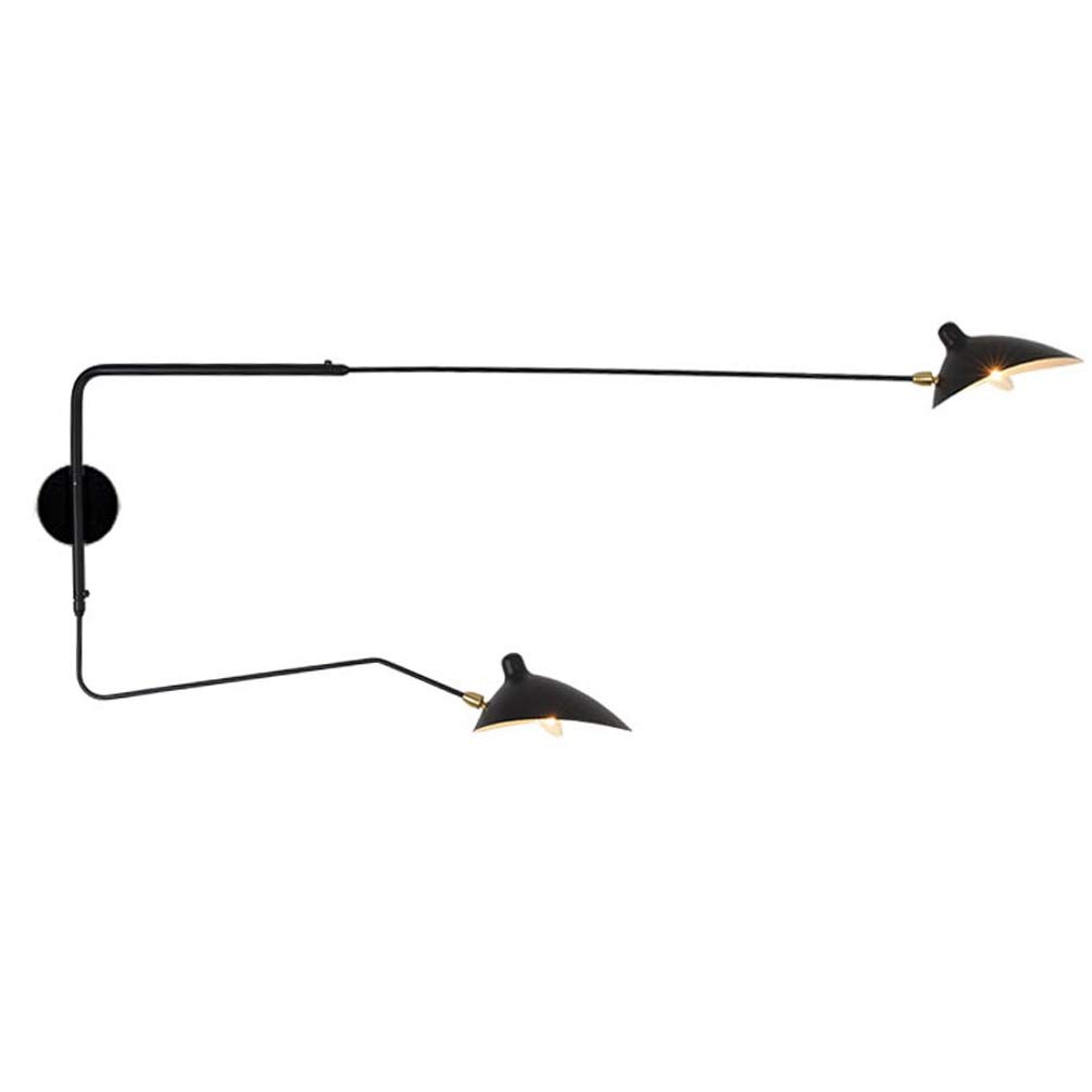 E14 * 2 Industriale Annata Lampada da parete con testa regolabile,Rotazione del braccio lungo Lampada da parete in metallo comodino camera da letto illuminazione Nero -175cm112cm