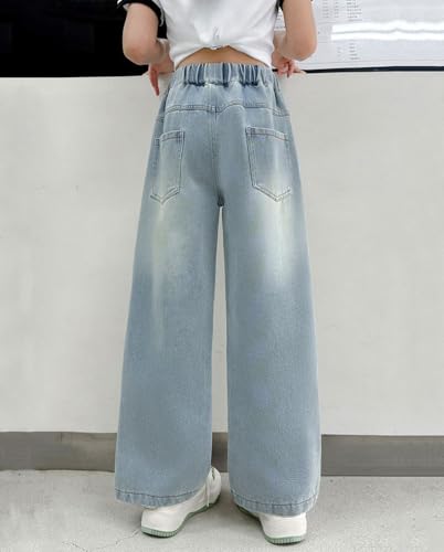 Girl’s Baggy Cute Jeans Elastic Waist Y2K Butterfly Embroidered Wide Leg Pull On Denim Pants for Kids2