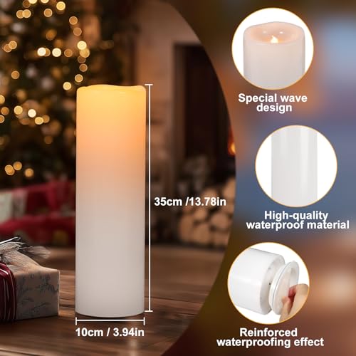 Image of 14 inch x 4 inch Large Outdoor Candles Waterproof Flickering LED Flameless Candles with Remote - Realistic LED Pillar Candles Battery Operated with Timer for Wedding Festival Home Decor White 2 Pack