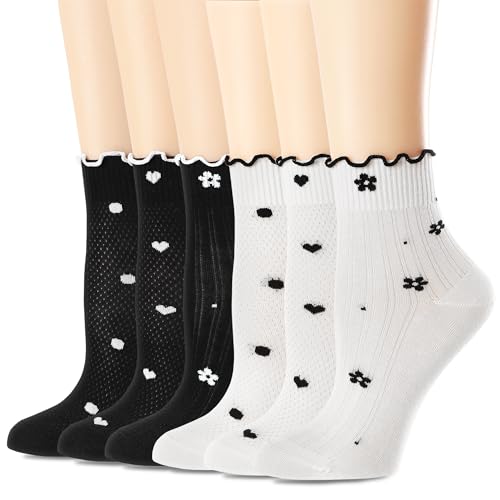 Mcool Mary Women's Ruffle Socks Thin Breathable Mesh Casual Cotton Frilly Cute Ankle Socks Polk dots Heart White Sock 6 Pack Size 5-9