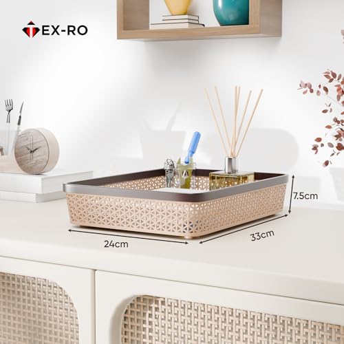 Image of TEX-RO Plastic Trays for Storage Organizer | Multipurpose Tray for Kitchen, Office & Drawer | Storage Tray for Documents, Cosmetics, Stationery | Woven Design Basket - Brown, Pack of 4
