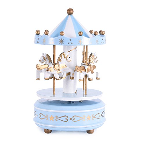 4 cavallo in legno carosello music box annata windup merrygoround giocattolo artware arte artigianale tavolo dacoration natale natale regalo di nozze per le ragazze bambini bambini - azzurro
