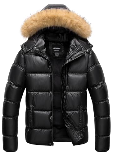 CTFASHION Mens Puffer Jacket Waterproof Winter Men with Fur Hood Men's Heavyweight Quilted Parka Coat Weather Resistant Ski Outerwear Shiny Black XL