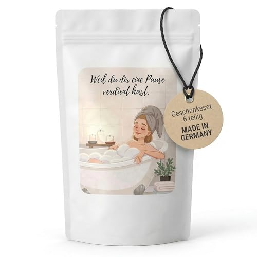 Wellness - Juego de regalo para mujer, bolsa de regalo, diseño de texto en alemán 'Weil du dir eine Pause verdient hast | Relax Geschenke | Geschenke für Freundin | Geburtstagsgeschenk Geschenkset für