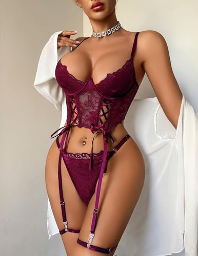 Image of Avidlove Women's Lingerie 4 Piece Garter Lingerie Floral Lace Bra and Panty Sets with Underwire S-XXL
