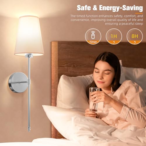 Image of NIORSUN 25.4 inch Brushed Nickel Battery Operated Wall Sconce Set of 2,Rechargeable Wall Lights with Dimmable Detachable Bulbs and Remote,9 Colors Wireless Sconces for Bedroom Living Room Hallway