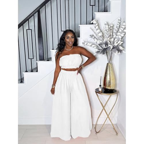Image of Two Piece Sets for Women Summer Outfits Crop Tops and Wide Leg Pants Sets Sexy Jumpsuits Vacation Outfits with Pockets