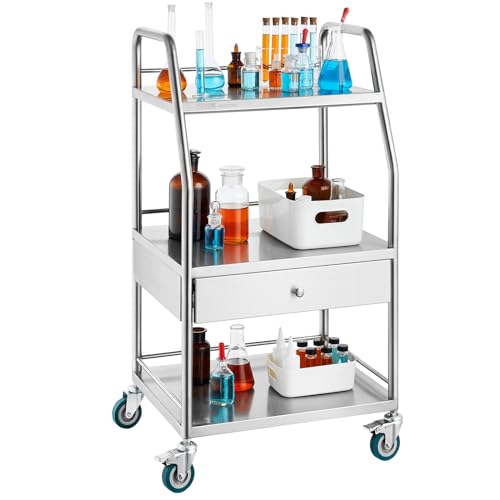 VEVOR Stainless Steel Utility Cart with 3 Shelves &amp; 1 Drawer, 360 Swivel Casters, 220lbs Capacity