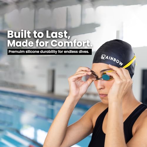 Image of Rainbow Silicone Swimming Cap for Men, Women & Kids | Stretchable Swim Cap for Long & Short Hair | Durable, Waterproof & Comfortable Fit - Black