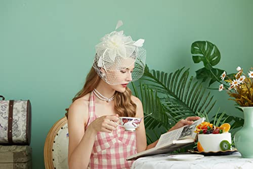 Fascinators Hats 20s 50s Hat Pillbox Hat Cocktail Tea Party Headwear with Veil for Girls and Women(D-Beige)