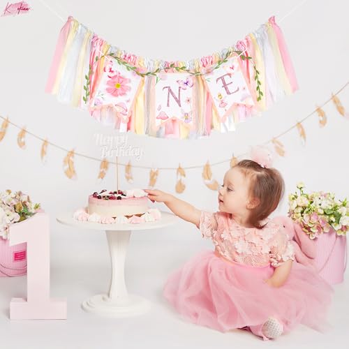 Image of Kriyokiaa Highchair Banner 1st Birthday Girl Floral and Butterfly Fairy Theme First Birthday Party Decoration for Photo Background