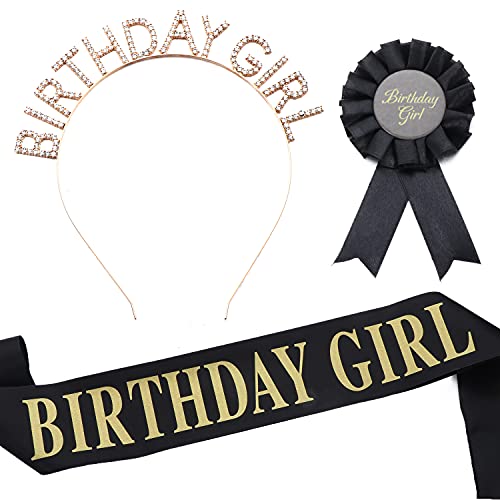 3 Packs of Birthday Girl Crown, Birthday Girl Headband, Birthday Belt and Birthday Corsage Suit, Rhinestone and Black Satin Sash Corsage Happy Birthday Accessories, Birthday Party Favors (Gold)