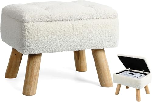 Storage Ottoman Small Foot Stool Ottoman with Storage Boucle Teddy Velvet Foot Rest with Padded Seat Sturdy Wood Legs Stool for Living Room Bedroom Couch Enterway (Cream) (Square) (Square)