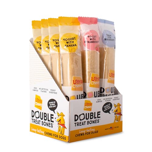 Ultra Chewy 3 Flavor Yogurt Double Treat Bones: Strawberry, Blueberry and Banana, Long-Lasting Dog...