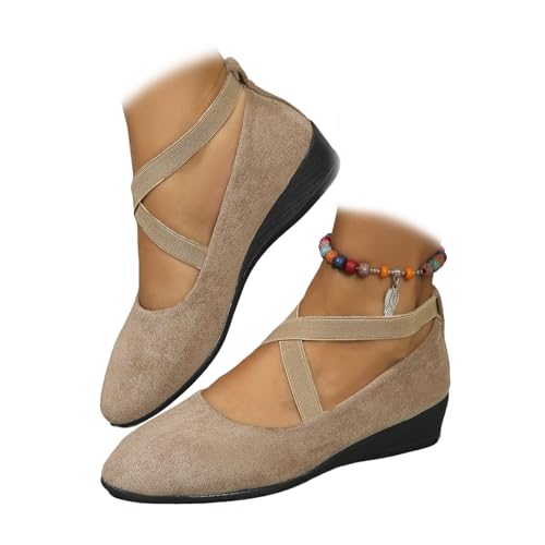 Chaussures compensées à bout pointu pour femme, avec sangle élastique croisée et bout rond confortable à enfiler, kaki, 39 EU